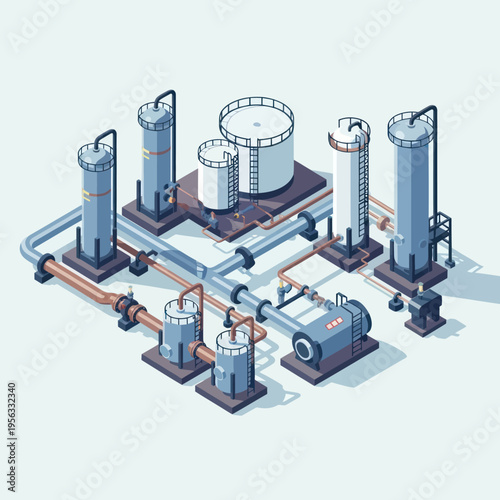 Isometric illustration of an industrial processing plant with tanks, pipes, and machinery, showcasing a complex system of fluid transfer and storage.