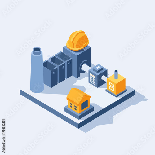Isometric illustration of a miniature industrial complex with a house, factory buildings, and a hard hat.