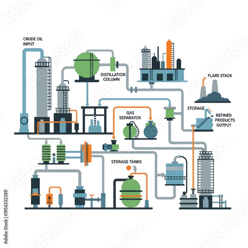Diagram illustrating the complex processes involved in a modern oil refinery, from crude oil input to refined products output.