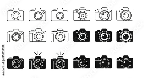 Collection of assorted camera icons, symbolizing photography and visual creation with diverse camera styles and functions