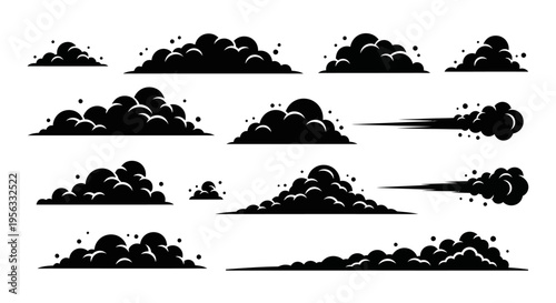 A diverse collection of stylized black and white smoke, dust, and explosion cloud vector elements for graphic design projects and visual effects