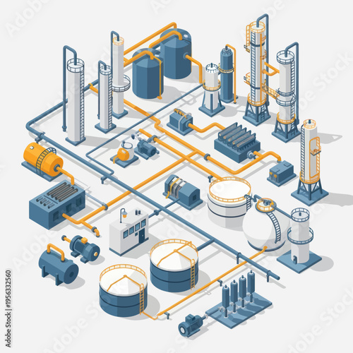 Isometric illustration of a complex industrial chemical processing plant with interconnected pipes, tanks, and distillation columns.
