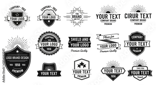 Collection of vintage badge and emblem designs with sunburst elements and customizable text areas