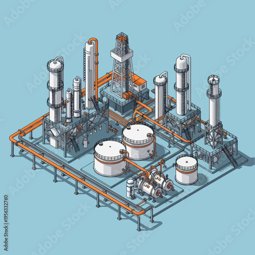 Isometric illustration of a complex industrial oil refinery with multiple towers, tanks, and piping systems under a clear blue sky.