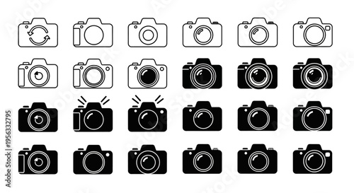 Comprehensive Set of Modern Camera Icons for Photography, Digital Media, and Creative Content - Vector Illustration Collection for Web and App Interface Design