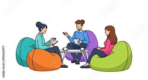 Coworkers Discussing Projects on Colorful Beanbags