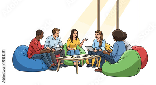 Diverse Team Brainstorming on Colorful Bean Bags