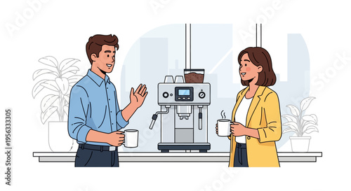 Colleagues Greeting Each Other at Coffee Station