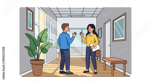 Colleagues Greeting in Sunlit Modern Office