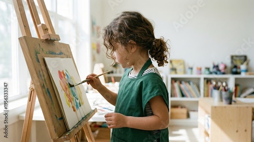 Little girl painting on easel in bright art studiochildhood creativity and learningart education for kidscreative development through paintingearly childhood artistic expressioninspiring young artists