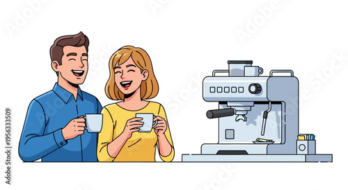 Two Coworkers Laughing Near Espresso Machine