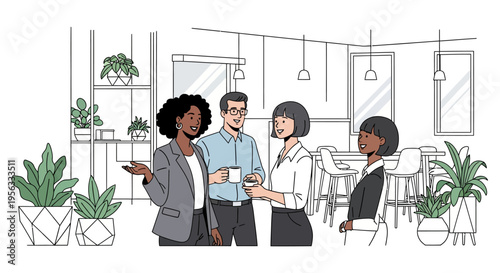 Diverse Coworkers Chatting in Bright Office Lounge