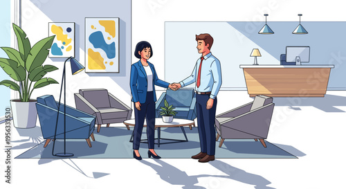 Young Colleagues Greeting in Minimalist Office Lobby