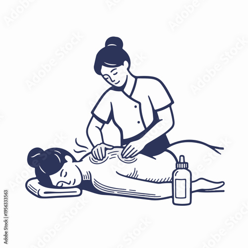 Massage therapist performing back treatment. Vintage line art graphic. Spa and wellness concept. Vector isolated on white