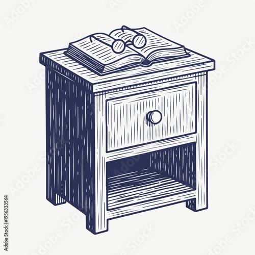 Vintage line art vector of a nightstand with book and glasses. Bedside table and reading concept. Engraved style furniture graphic isolated on light background