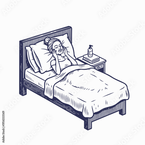 Vintage line art vector graphic of woman applying sheet mask in bed. Female character resting with skincare treatment outline drawing. Beauty routine concept isolated on white background