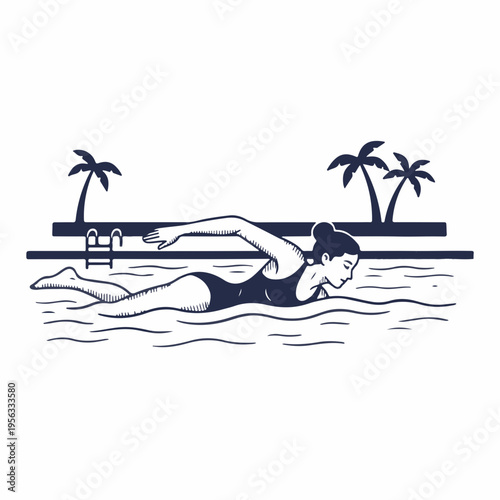 Woman swimming freestyle in outdoor pool. Vintage line art vector graphic. Summer recreation and fitness concept with palm trees