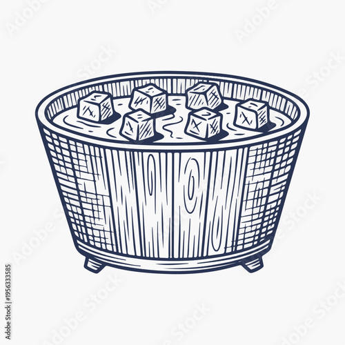 Vintage style line art vector graphic of a wooden tub with ice. Hand drawn sketch of a cold plunge bath. Isolated on white background