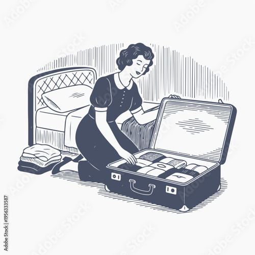 Woman packing suitcase in bedroom. Vintage line art vector graphic. Retro travel preparation and luggage concept isolated on white background