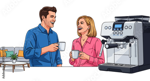 Happy Coworkers Laughing at Coffee Machine