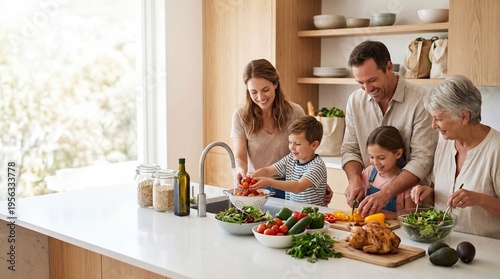 Happy multigenerational family preparing healthy meal together in modern bright kitchen parents and grandparents cooking with kids fresh vegetables salad chicken lifestyle concept