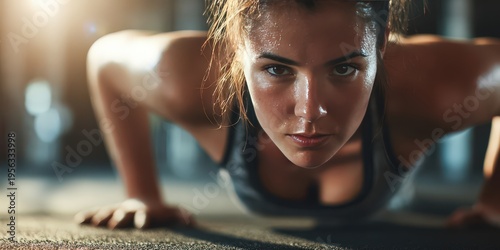 athletic woman doing push ups on gym floor