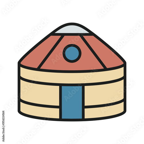 Flat vector illustration of a traditional Mongolian yurt (ger), circular portable dwelling used by nomadic cultures, isolated on light background.