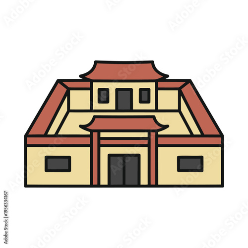 Flat vector illustration of a traditional Chinese courtyard house with symmetrical layout and classic roof design.
