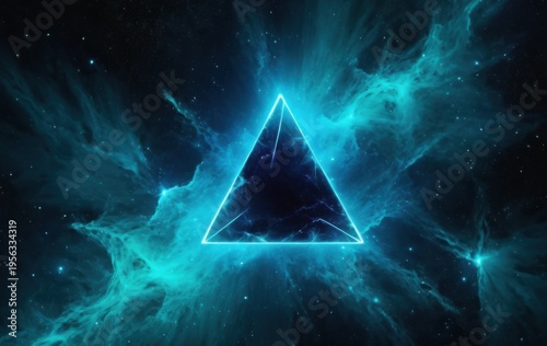glowing blue triangle in deep space nebula with stars, banner concept of technology, science, gaming