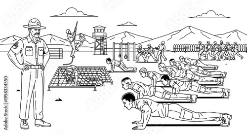 Line art illustration of military recruits doing push-ups.