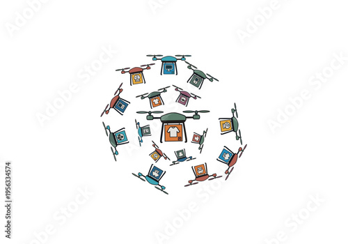 Circular arrangement of colorful drones delivering various e-commerce and technology icons in a modern logistics concept