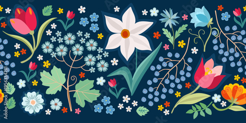 Beautiful seamless border with flowers and berries on dark blue background. C...