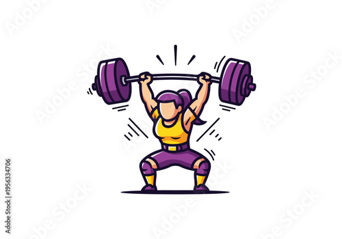 Cartoon woman weightlifter performing a squat with a barbell overhead on a white background