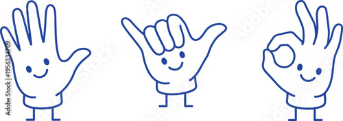 Cute Kawaii Hand Character Vector Set Featuring Smiling Glove Mascots Doing High Five Shaka And OK Gestures Illustration.