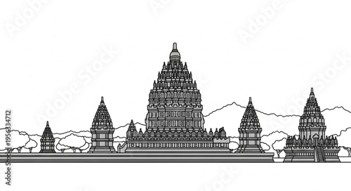 Detailed Line Art of Prambanan Temple Complex in Central Java.