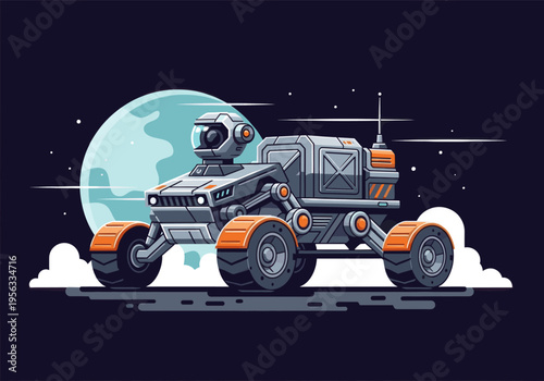 Futuristic space exploration rover on an alien planet surface with a moon