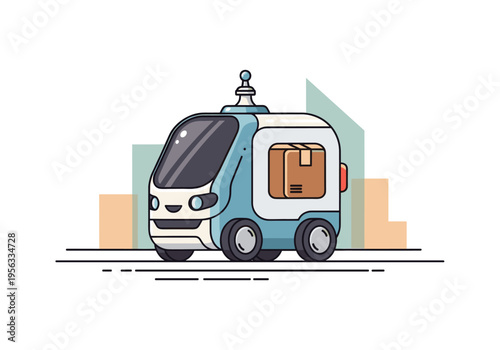 Autonomous delivery robot vehicle carrying a package in a futuristic city environment