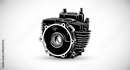 Detailed Black and White Illustration of a Motorcycle Engine Block.