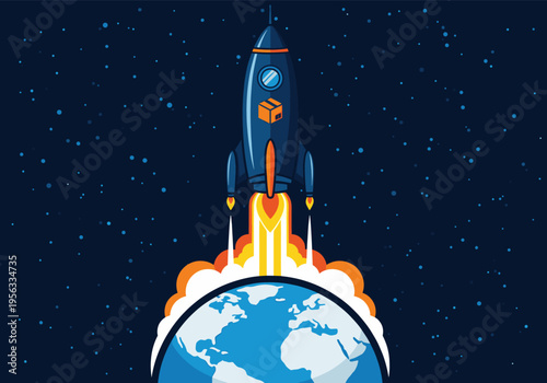 Delivery rocket with a package icon launching from Earth into starry space