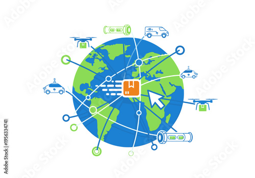 Global logistics network illustrating worldwide parcel delivery with drones, vans, and cars connected to a central package icon