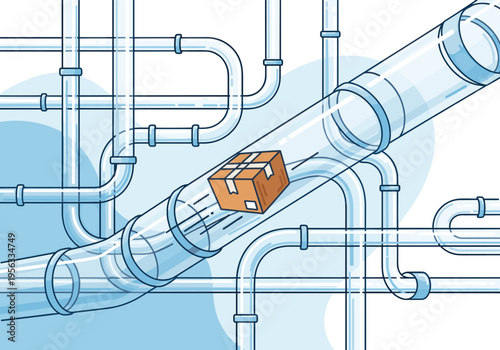 Brown parcel box moving rapidly through a transparent blue pipe network