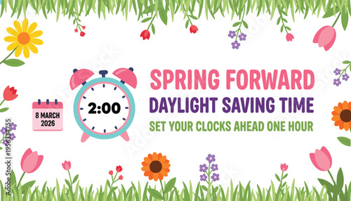 Flat vector illustration banner for Spring Forward Daylight Saving Time featuring a pink alarm clock and spring floral meadow.