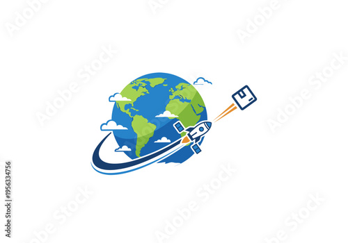 Rocket launching a package around a globe with clouds, symbolizing global fast delivery