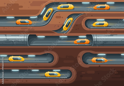Futuristic cars navigate a complex system of layered underground tunnels and pipes