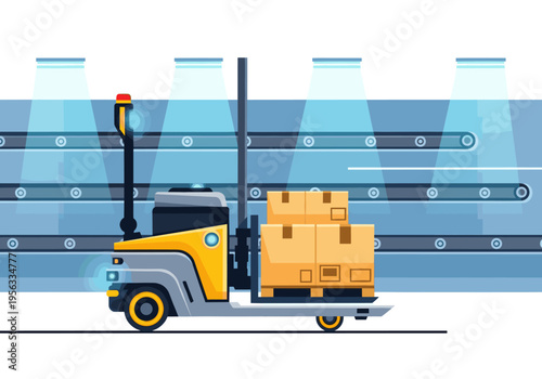 Automated guided vehicle moving cardboard boxes on a pallet in a modern factory setting.