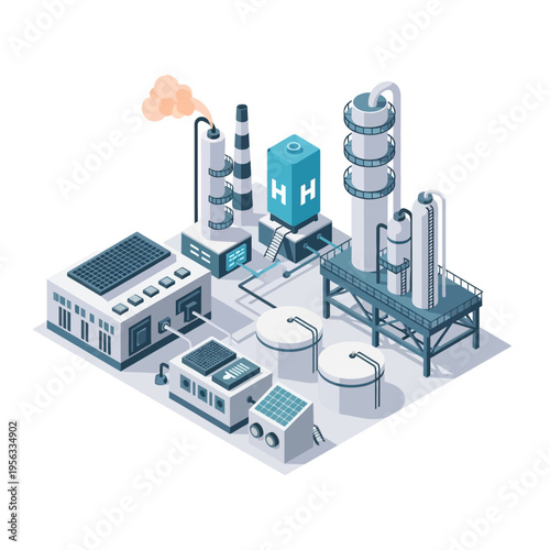 Isometric illustration of a modern hydrogen production plant with solar panels and advanced industrial equipment.