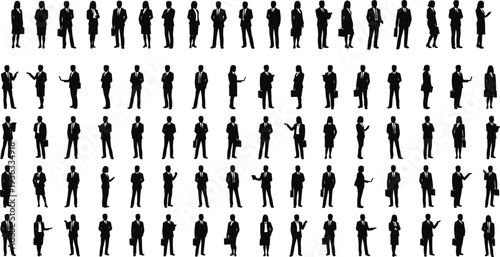 Vector illustration of business professional silhouettes in formal attire with briefcases and corporate workplace design