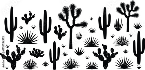 Vector illustration of desert plant silhouettes including cacti, agave, and Joshua trees in stylized natural design
