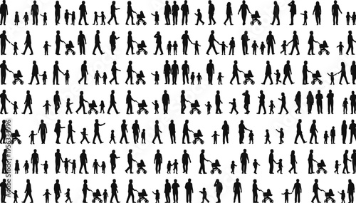Vector illustration of family silhouettes with adults and children walking, holding hands, and engaging in everyday activities