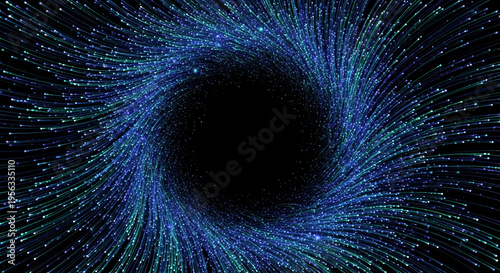 Whirl of radiating blue and green light streaks on black. Represents technology, energy flow, or data streams, with free space in the center for text